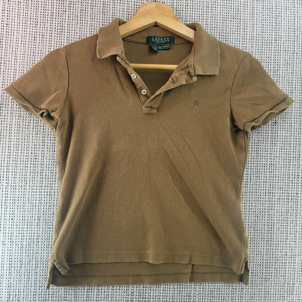 Lauren Ralph Lauren Polo Shirt Womens Petite Small Brown Slim‎ Fit Embroidered